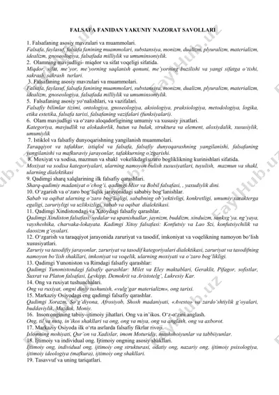 falsafa fanidan yakuniy nazorat savollari — DOCX