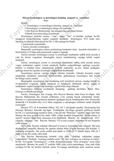 xronologiya va metrologiya fanining maqsad va vazifalari — DOC