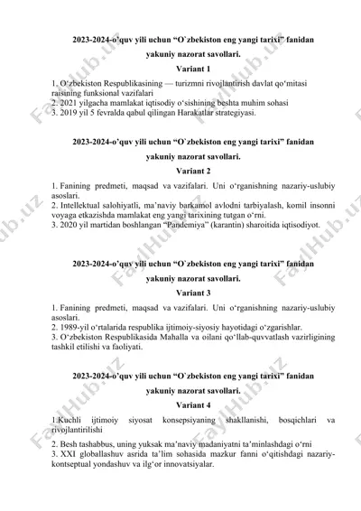 2023-2024-o’quv yili uchun “o`zbekiston eng yangi tarixi” fanidan yakuniy nazorat savollari — DOCX