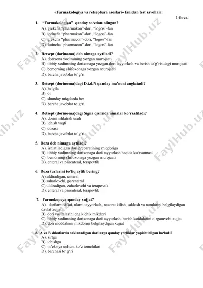 "farmakologiya va retseptura asoslari" fanidan test savollari — DOCX
