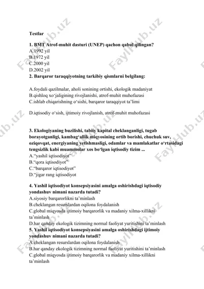 ekologiya va yashil iqtisodiyot testi — DOCX