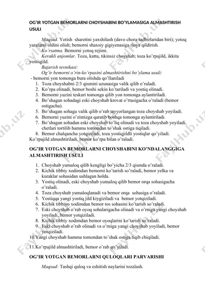 og’ir yotgan bemorlarni choyshabini bo’ylamasiga almashtirish usuli — DOCX