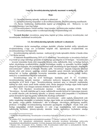 investitsiyalarning iqtisodiy mazmuni va mohiyati — DOC