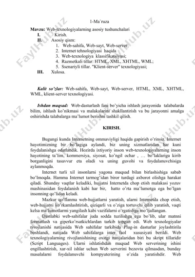 web-texnologiyalarning asosiy tushunchalari ma'ruzasi — DOCX