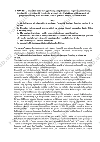 oʻzbekiston milliy taraqqiyotining fuqarolik jamiyatining shakllanishi va rivojlanishi — DOCX
