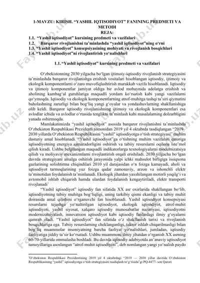 yashil iqtisodiyotning predmeti va vazifalari — DOCX