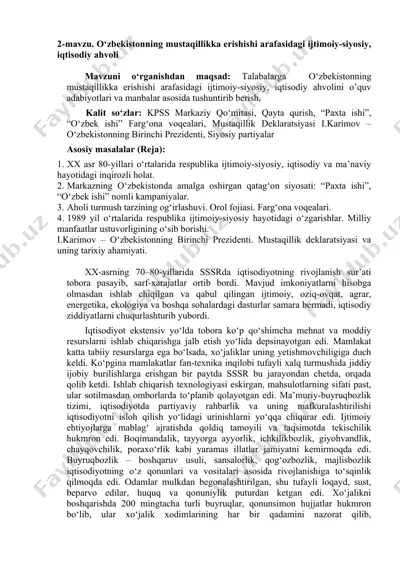o‘zbekistonning mustaqillikka erishishi arafasidagi ijtimoiy-siyosiy, iqtisodiy ahvoli — DOC