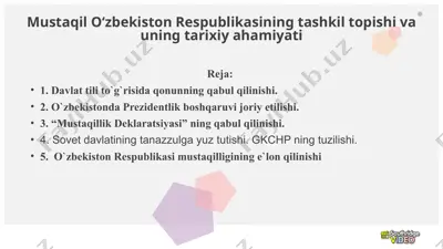 mustaqil o‘zbekiston respublikasining tashkil topishi va uning tarixiy ahamiyati — PPTX