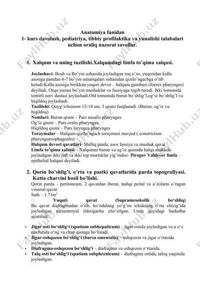 anatomiya fanidan kurs davolash, pediatriya, tibbiy profilaktika va yunalishi talabalari uchun oraliq nazorat savollar — DOCX