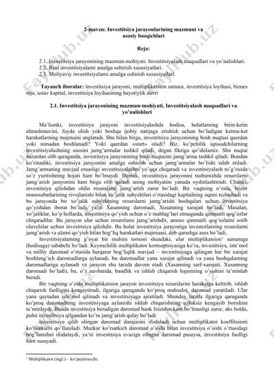 investitsiya jarayonlarining mazmuni va asosiy bosqichlari — DOC