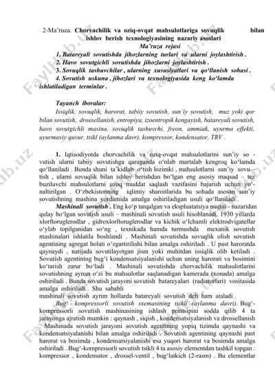 chorvachilik va oziq-ovqat mahsulotlariga sovuqlik bilan ishlov berish texnologiyasining nazariy asoslari — DOCX