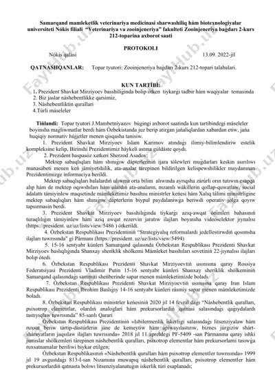 samarqand mamleketlik veterinariya medicinasi sharwashiliq hám biotexnologiyalar universiteti nókis filiali “veterinariya va zooinjeneriya” fakulteti zooinjeneriya baǵdarı 2-kurs 212-toparina axborot saati — DOCX