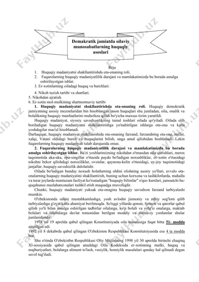 demokratik jamiatda oilaviy munosabatlarning huquqiy asoslari — DOCX
