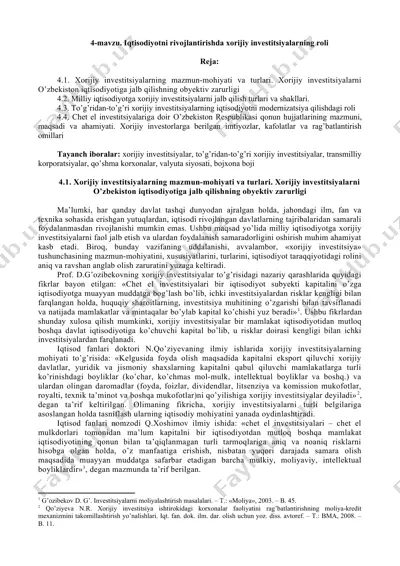 xorijiy investitsiyalarning roli iqtisodiyotni rivojlantirishda — DOC