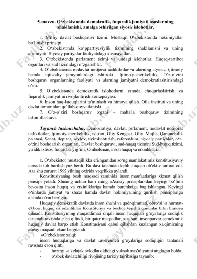o‘zbekistonda demokratik, fuqarolik jamiyati asoslarining shakllanishi, amalga oshirilgan siyosiy islohotlar. — DOC