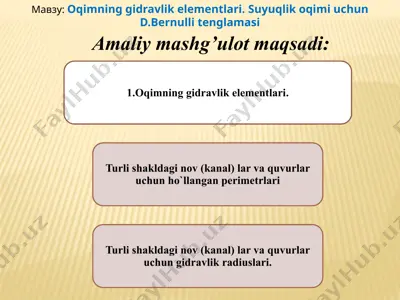 oqimning gidravlik elementlari. suyuqlikoqimiuchun d. bernulli tenglamasi — PPTX