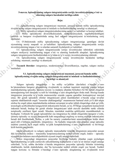 iqtisodiyotning xalqaro integratsiyasida xorijiy investitsiyalarning o’rni va ularning xalqaro harakatini tartibga solish — DOC