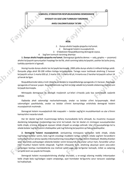 o'zbekiston respublikasining demografik siyosati va sog'lom turmush tarzining aholi salomatligiga ta'siri — DOCX