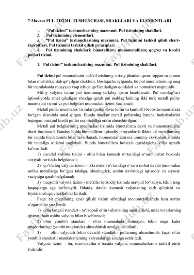 pul tizimi: tushunchasi, shakllari va elementlari — DOCX