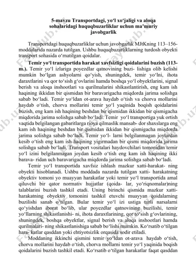 transportdagi, yoʻl xoʻjaligi va aloqa sohalaridagi huquqbuzarliklar uchun maʼmuriy javobgarlik — DOCX