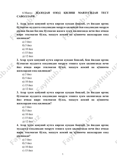 жазодан озodlik mavzusidagi test savollari — DOCX