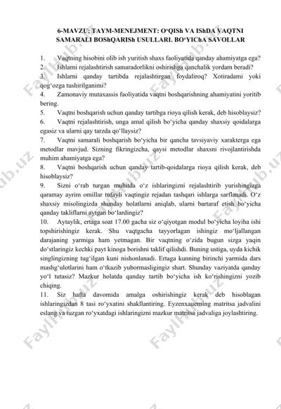 taym-menejment: o‘qish va ishda vaqtni samarali boshqarish usullari — DOCX