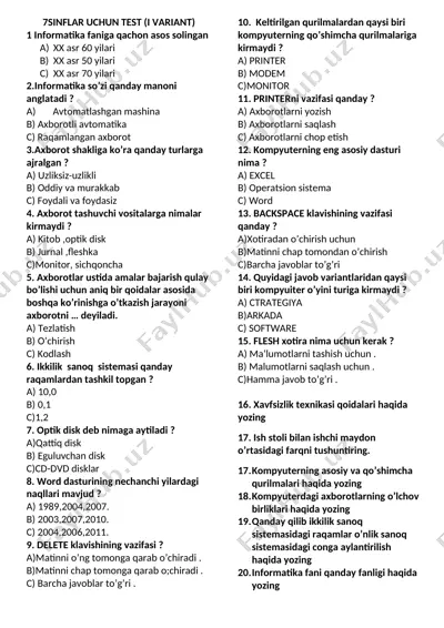 7-sinflar uchun test (i variant) — DOCX