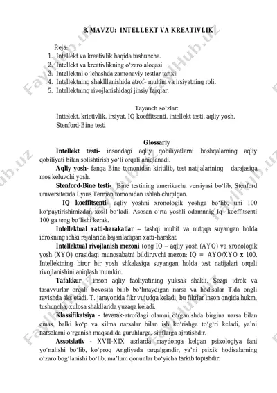 intellekt va kreativlik bo'yicha ma'lumotlar — PDF