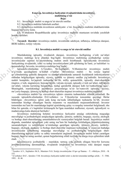 investitsiya faoliyatini rivojlantirishda investitsiya muhitining o'rni — DOC