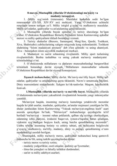 mustaqillik yillarida o‘zbekistondagi ma'naviy va madaniy taraqqiyot — DOC