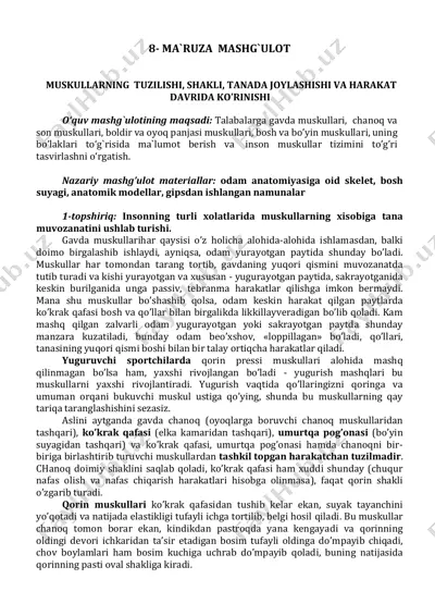 ma`ruza mashg`ulot: muskullarning tuzilishi, shakli, tanada joylashishi va harakat davrida ko`rinishi — PDF