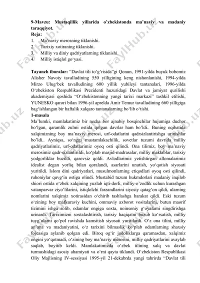 mustaqillik yillarida o’zbekistonda ma’naviy va madaniy taraqqiyot — DOCX