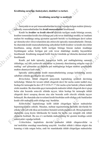 kreditning zarurligi, funksiyalari, shakllari va turlari — DOCX