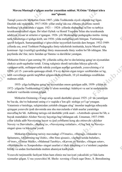 mavzu: mustaqil o’qilgan asarlar yuzasidan suhbat. m.osim “zulmat ichra nur” qissasi. — DOCX