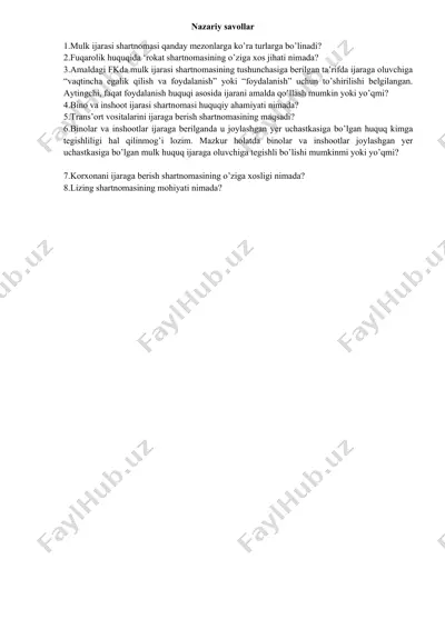 mulk ijarasi shartnomalari haqida savollar — DOCX