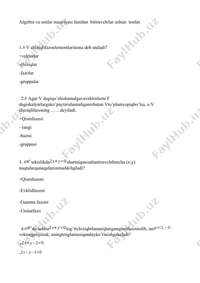algebra va sonlar nazariyasi fanidan bitiruvchilar uchun testlar — DOCX