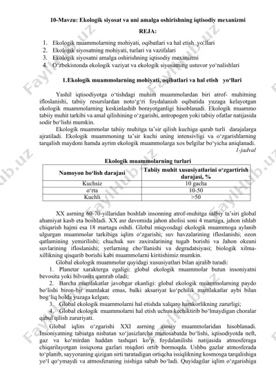 ekologik siyosat va uni amalga oshirishning iqtisodiy mexanizmi — DOCX