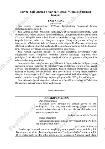 said ahmad-o`tkir hajv ustasi. “qorako‘z majnun” hikoyasi — DOCX