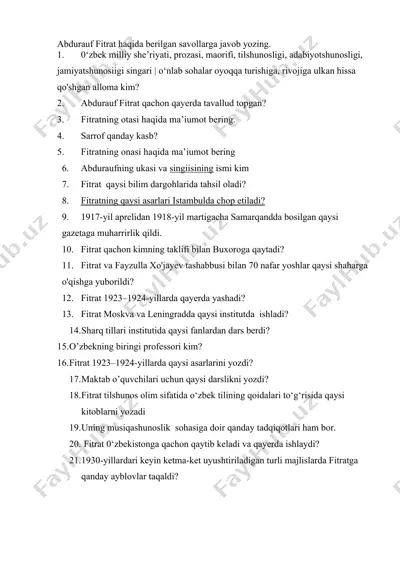 abdurauf fitrat haqida berilgan savollarga javob — DOCX