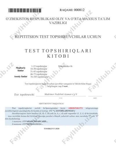 repititsion test topshiruvchilar uchun t e s t  t o p s h i r i q l a r i k i t o b i — PDF