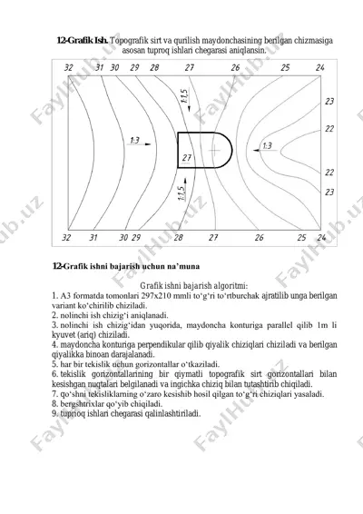 grafik ish. topografik sirt va qurilish maydonchasining berilgan chizmasiga asosan tuproq ishlar chegarasi aniqlanishi. — PDF