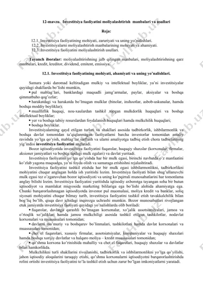 investitsiya faoliyatini moliyalashtirish manbalari va usullari — DOC