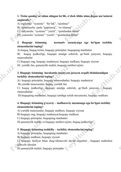 huquqiy tizimning asosiy buyumlarini o‘rganish test savollari — DOCX
