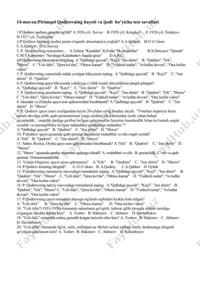 pirimqul qodirovning hayoti va ijodi bo’yicha test savollari — DOCX
