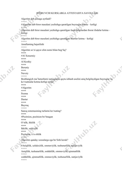 bitiruvchi kurslarga algoritm va dasturlashdan gost savollari — DOCX