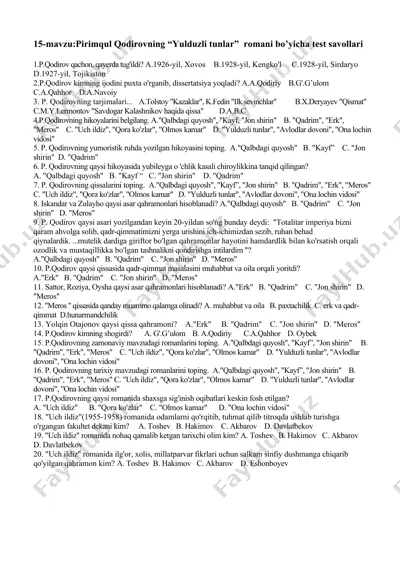 "pirimqul qodirovning “yulduzli tunlar” romani bo’yicha test savollari" — DOCX