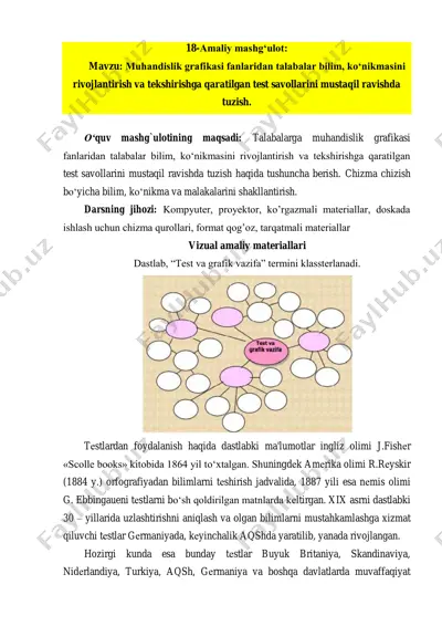 amaliy mashg‘ulot: muhandislik grafikasi fanlaridan talabalar bilim, ko‘nikmasini rivojlantirish va tekshirishga qaratilgan test savollarini mustaqil ravishda tuzish — PDF