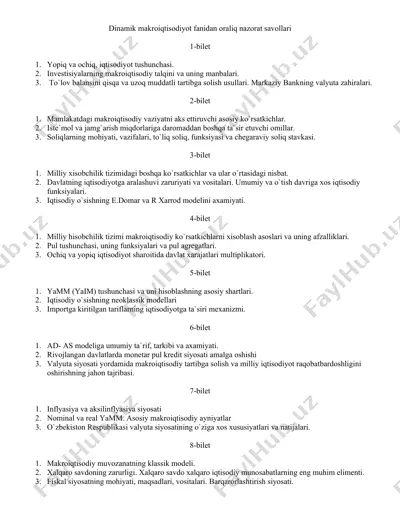 dinamik makroiqtisodiyot fanidan oraliq nazorat savollari — DOCX