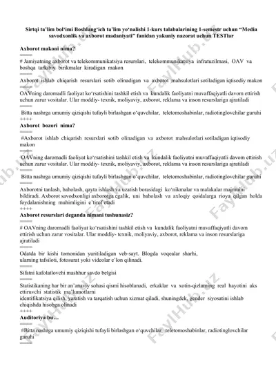 media savodxonlik va axborot madaniyati testlar — DOCX