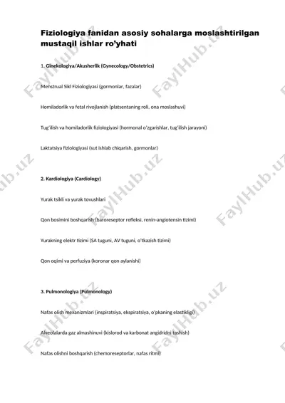fiziologiya fanidan asosiy sohalarga moslashtirilgan mustaqil ishlar ro’yhati — DOCX
